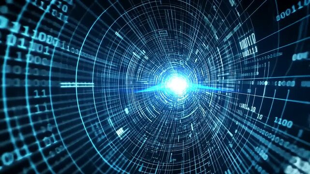 Digital tunnel with binary code and data visualizations