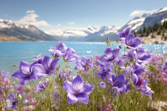 Lush purple wildflowers by a vibrant blue lake, majestic snowy mountains in the background