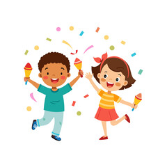 Kids Playing with Confetti Poppers on Transparent Background