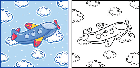 guided coloring and drawing page for kids with cartoon airplane and clouds in split color and sketch style