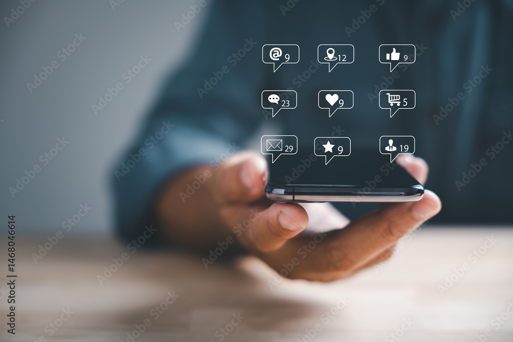 Poster digital interaction at home man types on smartphone, exploring live chat and social network concepts
