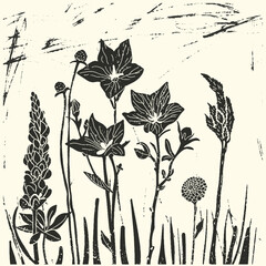 Wild flowers linocut vector illustration with grunge texture. Monochrome linear woodcut illustration.