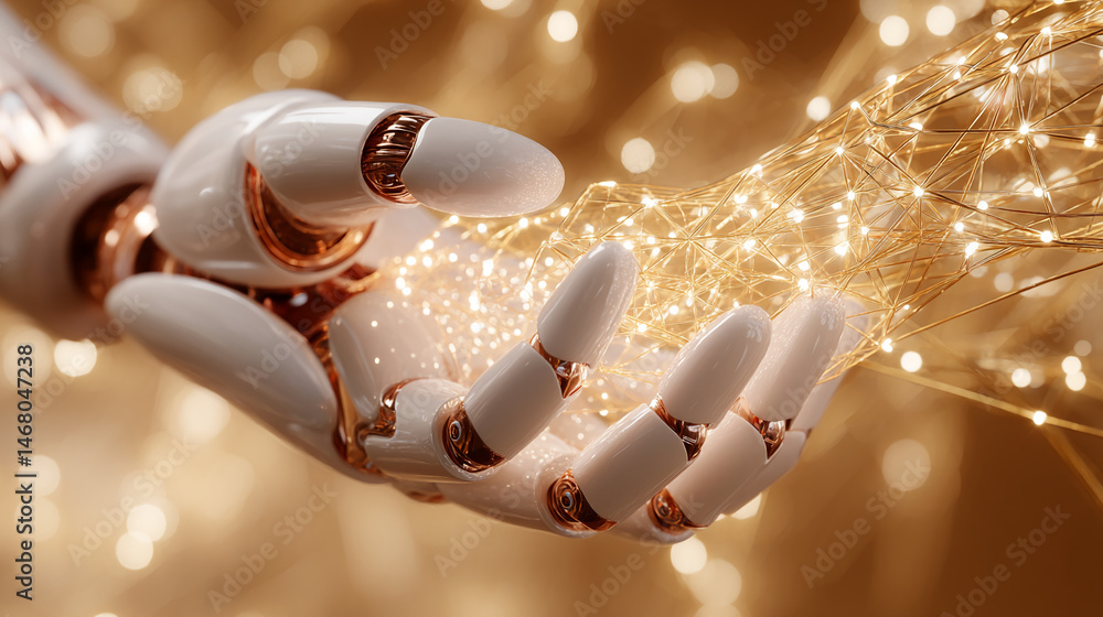 Poster robotic hand gently cradles illuminated network, showcasing technological connection and innovation,