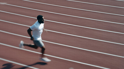 Determined male athlete running on track in fast motion blur