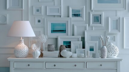 Elegant White Home Decor with Frames and Modern Accessories