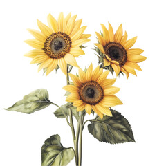 Three Sunflowers Bouquet Yellow Blooms Dark Background Botanical Art,