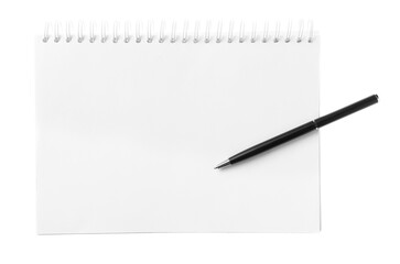 Pen and open notebook isolated on white, top view