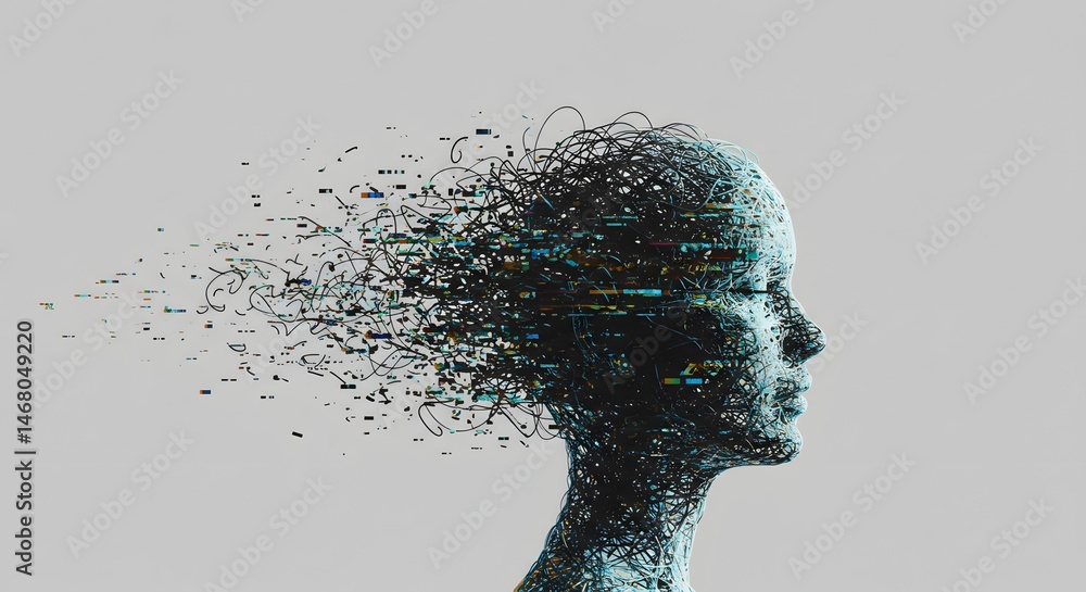 Poster digital disintegration: abstract ai human head with data loss, glitch effect. conceptual image of ar