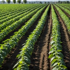 Rows of Young Green Plants in a Cultivated Field