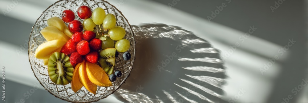 Aufkleber vibrant fruit platter with assorted fresh fruits casting delicate shadows in a bright, inviting sett
