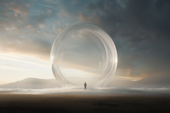 person stands in a peaceful bubble amid wild stimuli, symbolizing protection from sensory overload in a surreal scene