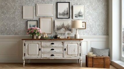 Vintage Style Living Room with Art Decor and Wooden Furniture