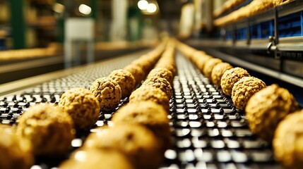 Endless rows of crunchy snack balls move along conveyor belt in food processing factory