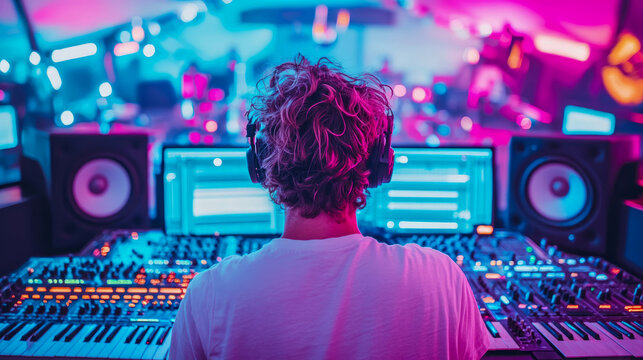 Musical Journey: Person Creating Music in a Neon-Lit Studio