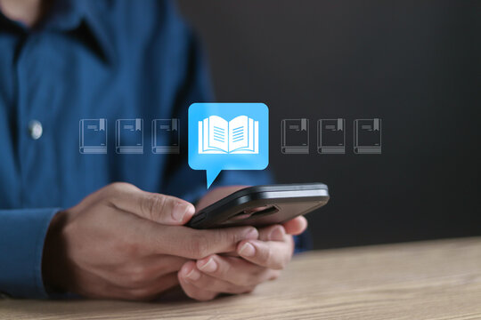 E-library concept. Knowledge base on internet, digital library or e-library. Person using smartphone with Ebook icons for electronic books online.