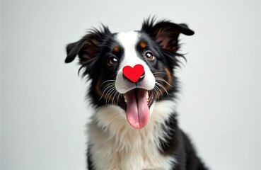 Funny border collie dog with red heart on nose isolated white background. Cute puppy love concept. Happy valentine day celebration, gift. Romantic holiday mood with doggy.