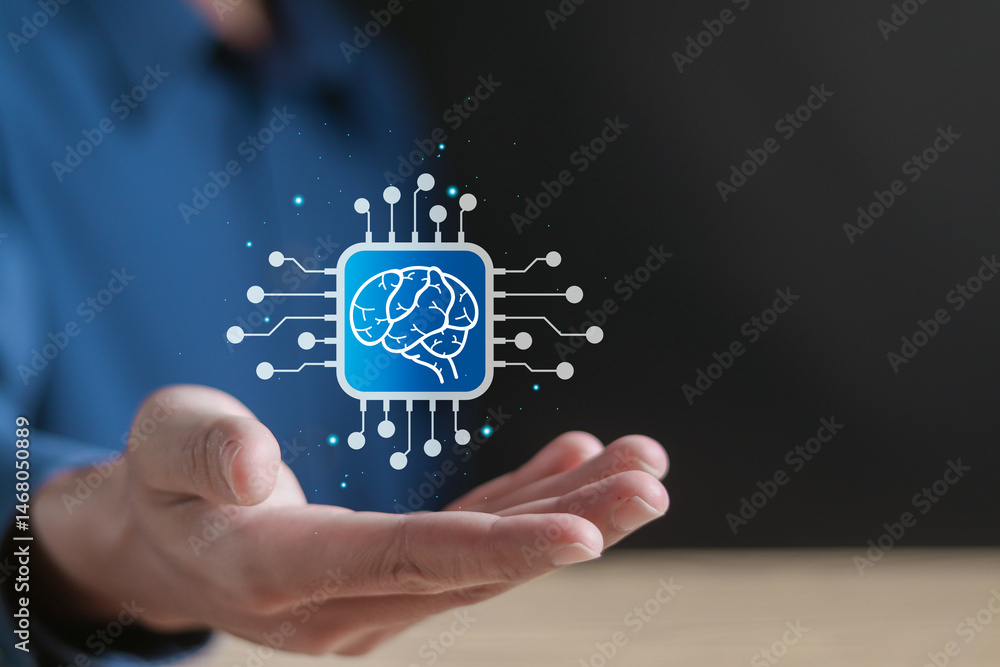 Poster digital brain with circuit and ai concept. ai microchip, intelligence, science and mind. businessman