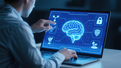 Man interacting with artificial intelligence interface displaying brain and system icons on laptop