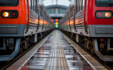Night View of Red Locomotives on Wet Tracks with Reflections

