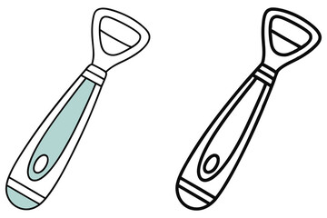 Outlined bottle opener shows blue and black options side by side on white