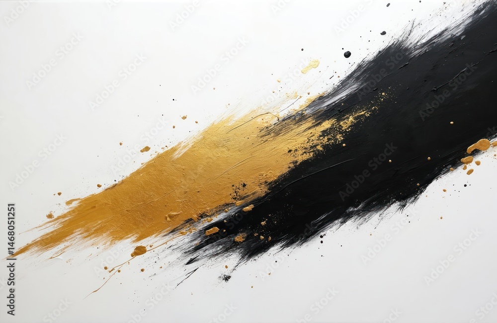 Poster abstract painting with black and gold brush strokes on white background. dynamic art with contrastin