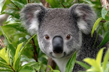 Fototapeta premium Koala resting among lush green leaves in a serene daytime setting in Australia