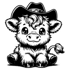 Cute Cowboy Highland Cow Black and White Illustration