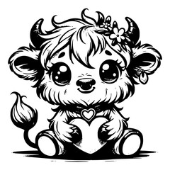 Cute Highland Cow Vector Illustration with Heart