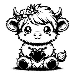 Cute High Contrast Vector of Baby Cow Holding Heart