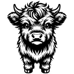 Highland Cow Black and White Vector Illustration