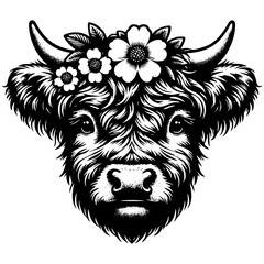Highland Cow Head with Floral Headpiece Vector Illustration
