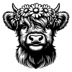 Highland Cow Head with Floral Crown Black and White Illustration