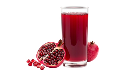 A refreshing pomegranate drink with a vibrant red hue, paired with the shape of half a pomegranate showcasing its juicy, jewel-like seeds isolated on white background or transparent png 
