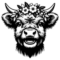 Highland Cow Head with Floral Crown Illustration