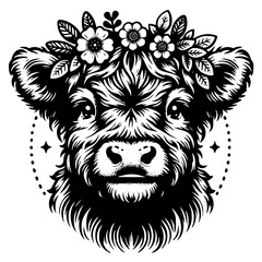 Floral Highland Cow Head Illustration with Flowers and Leaves