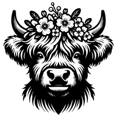Highland Cow Illustration with Floral Crown