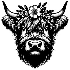 Highland Cow with Floral Crown Black and White Illustration