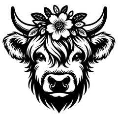 Decorative Highland Cow Head with Floral Crown Illustration