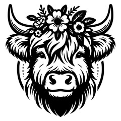 Highland Cow Floral Illustration with Flowers on Head