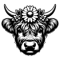 Highland Cow with Floral Headpiece Black and White Illustration