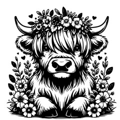 Highland Cow with Floral Crown Black and White Illustration