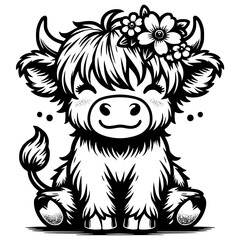 Cute Highland Cow Illustration with Floral Headpiece