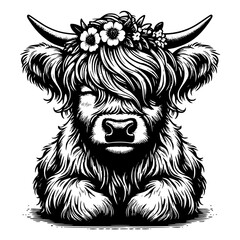 Black and White Highland Cow with Floral Crown Illustration