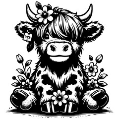 Cute Floral Highland Cow Illustration with Flowers