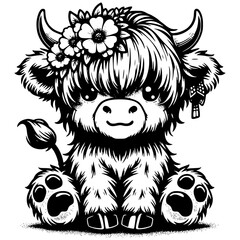 Cute Highland Cow Illustration with Flowers and Leaf Tail