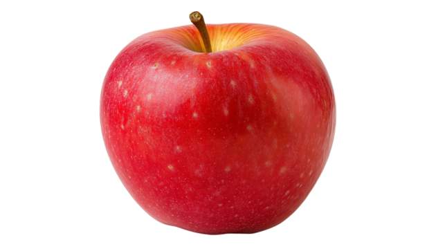 A red apple has a round, smooth shape with a slightly tapered top and bottom, often with a glossy finish isolated on white background or transparent png 
