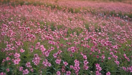Obraz premium Dense field of blooming pink wildflowers, soft light , vibrant, flora, flowers