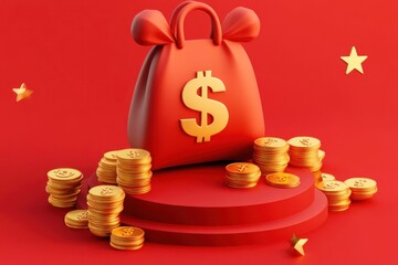 Red money bag sits atop gold coins on a red platform