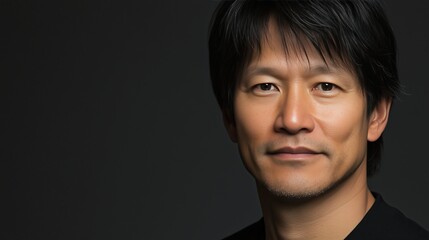 Obraz premium Close up portrait of Asian man with short black hair against dark background directly forward
