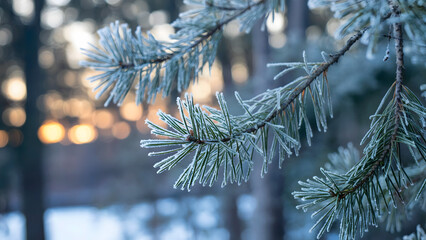 Winter Pine Close-Up with Snow Frost and Festive Bokeh Lights